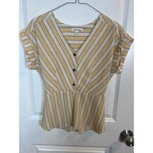 Monteau Womens Blouse Striped V-Neck Peplum Short Sleeve YellowCream Size Medium